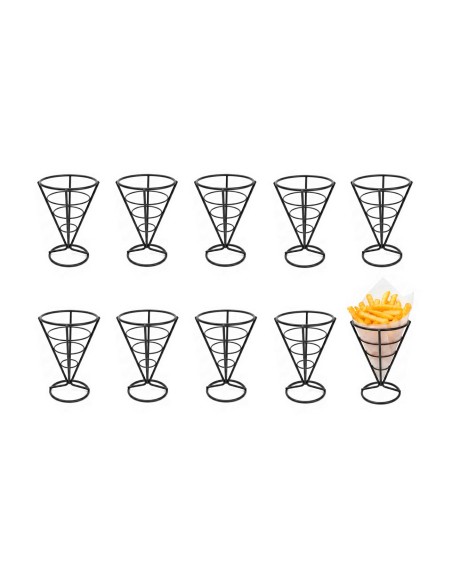 Suporte Cone Fritas Cestinha Inox Preto Servir Petisco 10un
