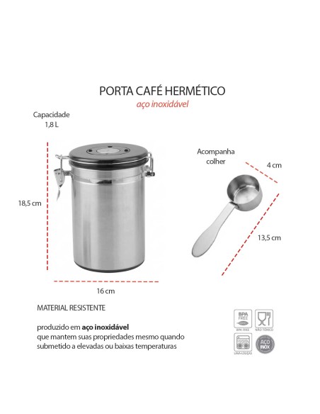 Porta Cafe Valvula Pote Hermetico 1,8L Colher Medidora Inox