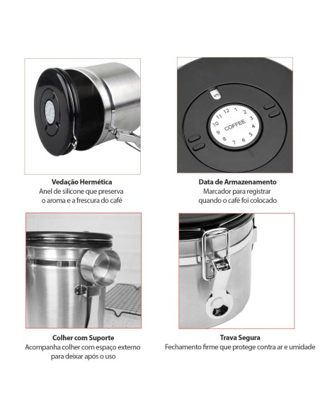 Porta Cafe Valvula Pote Hermetico 1,8L Colher Medidora Inox