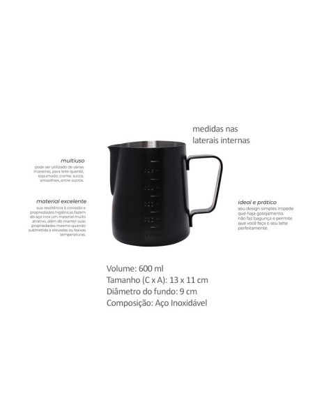 Leiteira Caneca Inox Preta Jarra Bule Pequeno 600ml