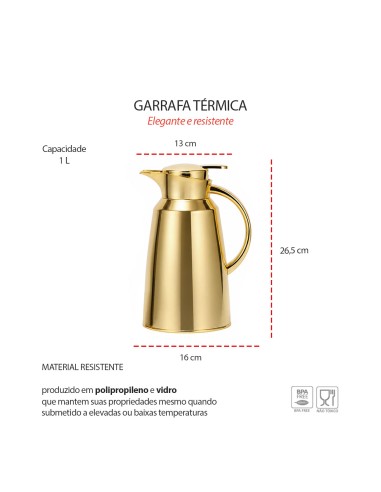 Garrafa Termica Dourada Bule Gatilho 1L Servir...