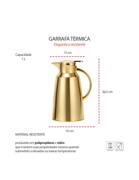 Garrafa Termica Dourada Bule Gatilho 1L Servir Cafe Cha