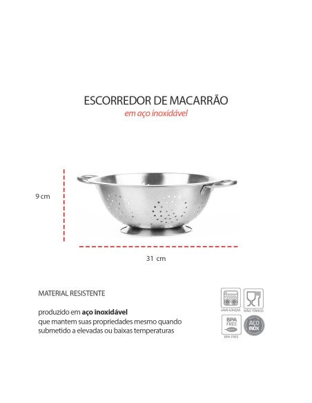 Escorredor Macarrao com Alça Lavador Massas Verduras Inox