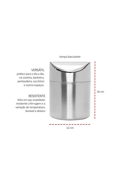 Lixeira de Pia Inox Mini Basculante Lavabo Escritorio 1,5L