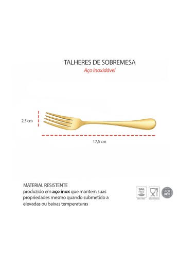 Garfo de Sobremesa Dourado Ouro Aço Inox...
