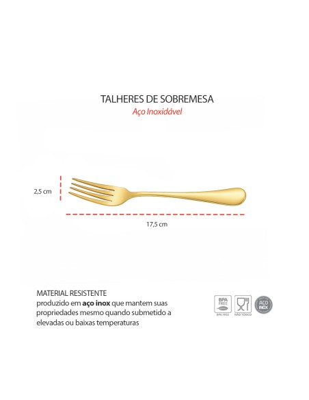 Garfo de Sobremesa Dourado Ouro Aço Inox Talheres Buffet 6un