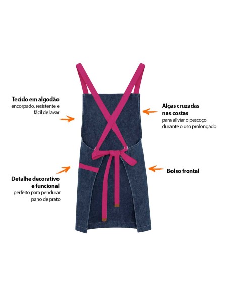 Avental Jeans Alça Cruzada Rosa Pink Restaurante Cafeteria