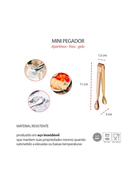 Pegador Frios Gelo Açucar Dourado Rose Mini Pinça Inox