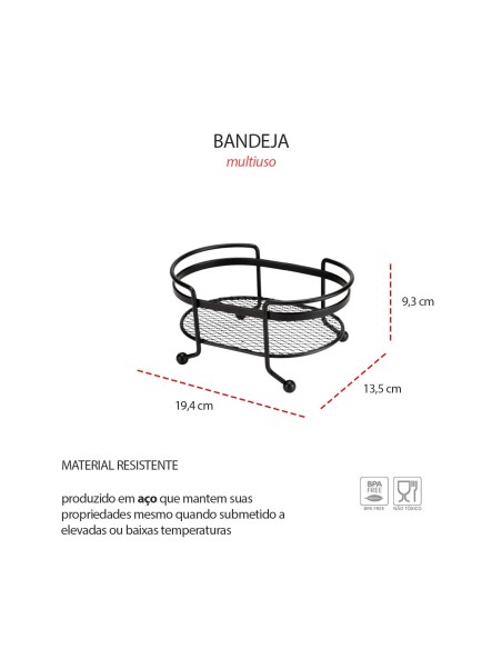 Bandeja Oval Mini Organizador Porta Temperos Aço Preto