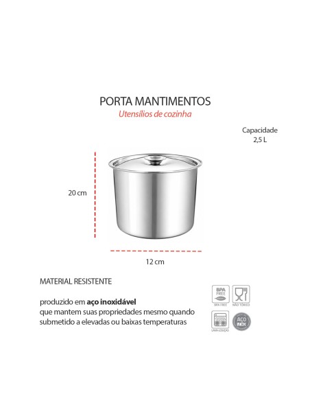 Porta Mantimentos Aço Inox Lata Pote com Tampa Armazenar 2,5L