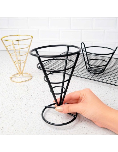 Suporte Cone Fritas Cestinha Inox Preto Servir Petisco 10un