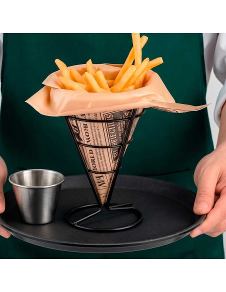 Suporte Cone Fritas Cestinha Inox Preto Servir Petisco 10un