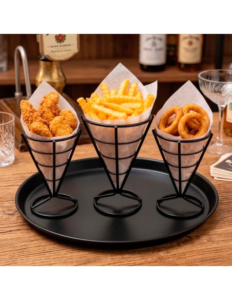 Suporte Cone Fritas Cestinha Inox Preto Servir Petisco 10un