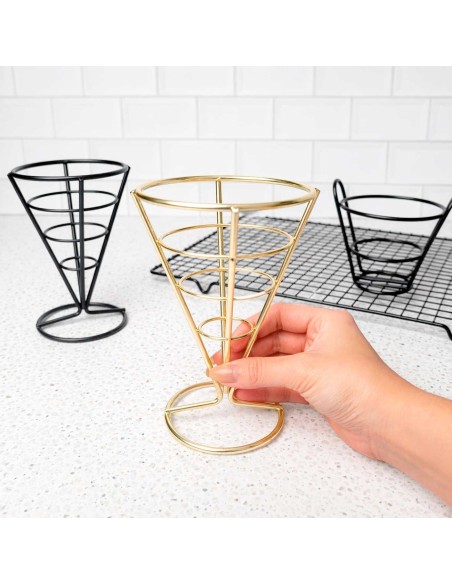 Suporte Cone Fritas Cestinha Inox Dourado Servir Petisco 10un