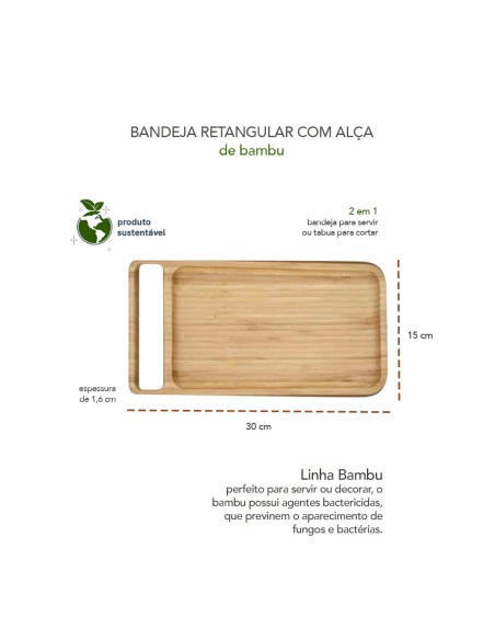 Tabua de Bambu Petisqueira Bandeja Retangular Alça 30cm
