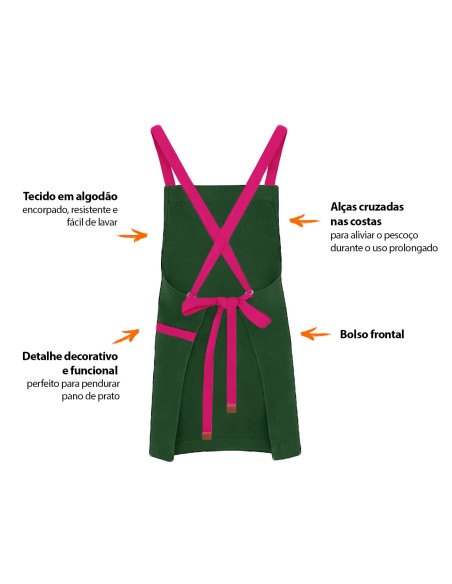 Avental Verde Alça Cruzada Rosa Pink Cafeteria Jardinagem