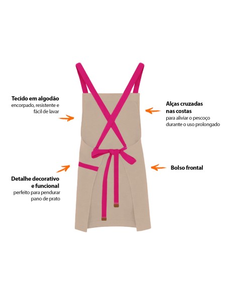 Avental Bege Alça Cruzada Rosa Pink Restaurante Cafeteria