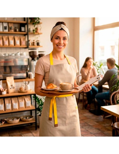 Avental Bege Alça Cruzada Amarelo Restaurante Cafeteria Bar