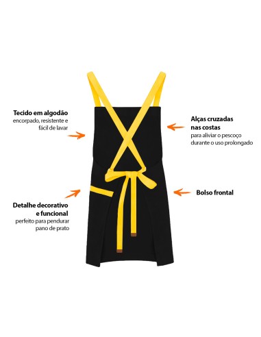 Avental Preto Alça Cruzada Amarelo Cafeteria...