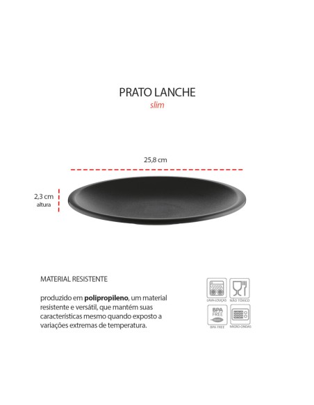 Prato Raso Redondo Preto Lanche 25cm Plastico BPA Free
