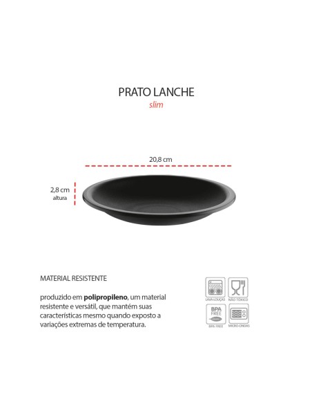 Prato Redondo Preto Lanche 20cm Plastico BPA Free