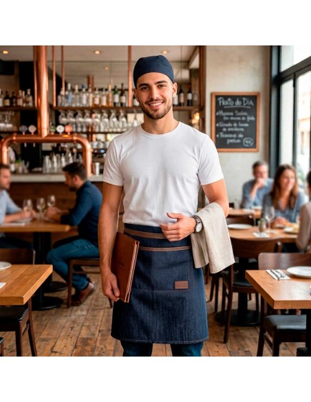 Avental de Cintura Jeans Couro Bar Chef Bartender Restaurante