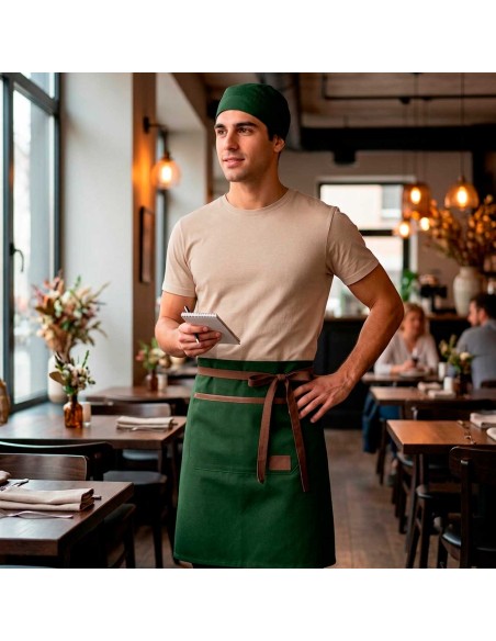 Avental de Cintura Verde Escuro Couro Marrom Bar Restaurante