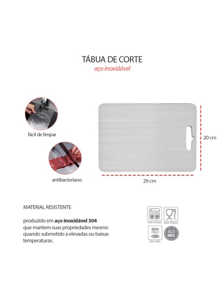 Tabua de Carne Corte Cozinha Profissional Aço Inox 29x20cm