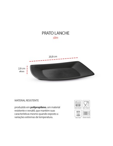 Prato Raso Lanche Preto Quadrado 20cm Plastico...