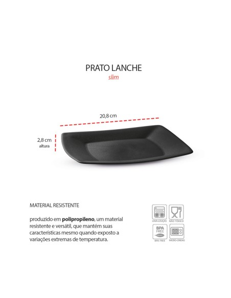 Prato Raso Lanche Preto Quadrado 20cm Plastico BPA Free