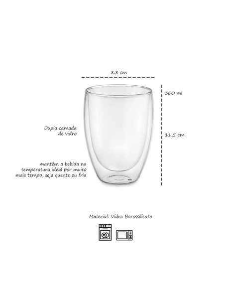 Copo de Vidro Borossilicato Parede Dupla Termico 300ml
