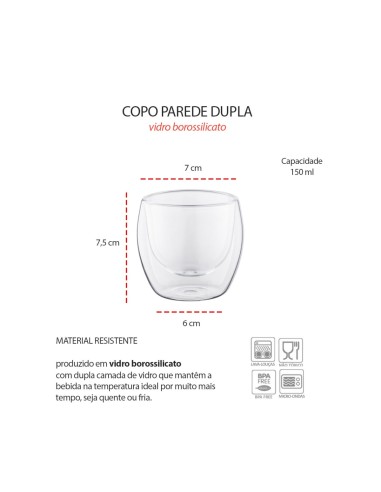 Copo de Vidro Borossilicato 150ml Parede Dupla...