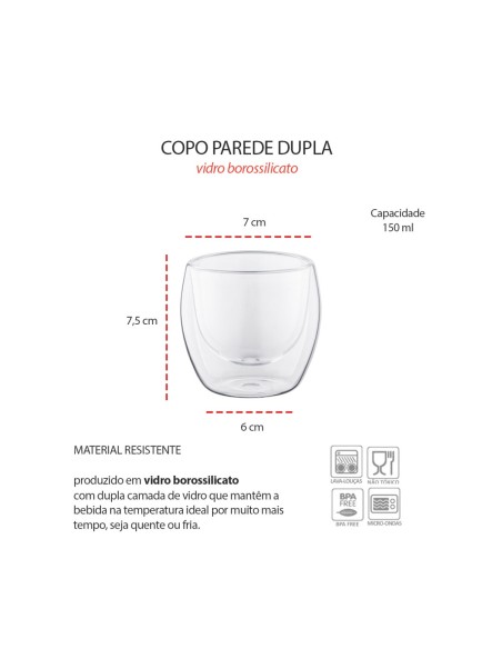 Copo de Vidro Borossilicato 150ml Parede Dupla Mantem Calor