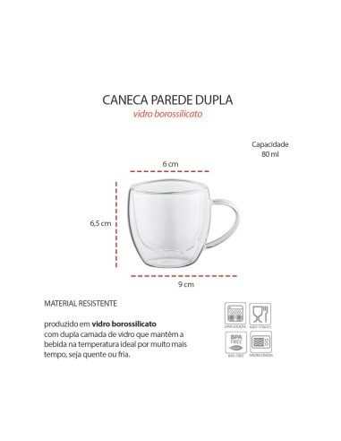 Caneca de Vidro Borossilicato 80ml Parede Dupla...