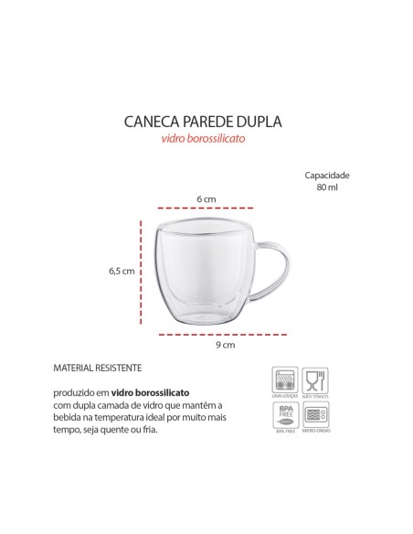 Caneca de Vidro Borossilicato 80ml Parede Dupla Mantem Calor