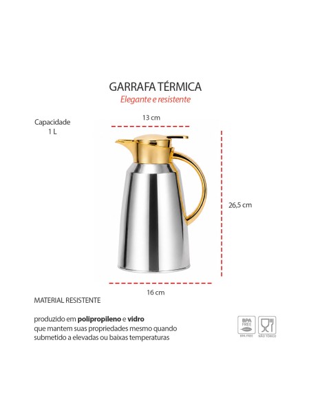 Garrafa Térmica Prata Dourada Bule Gatilho 1L Servir Café Chá