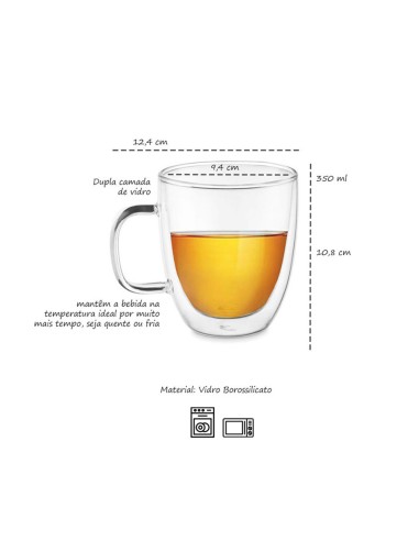 Caneca Vidro Borossilicato 350ml Parede Dupla...