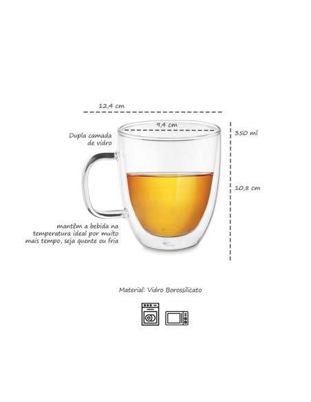 Caneca Vidro Borossilicato 350ml Parede Dupla Resistente Calor