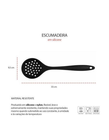 Escumadeira Escorredor Fritura Silicone Preto Coador Peneira