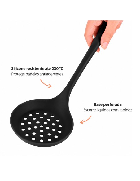Escumadeira Escorredor Fritura Silicone Preto Coador Peneira