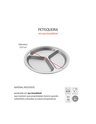 Petisqueira Redonda Prato Aço Inox 3 Divisórias...