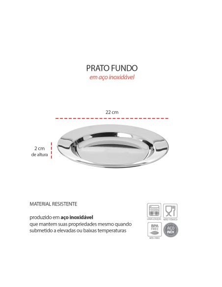 Prato Fundo Aço Inox Buffet Escola Refeitório Restaurante Bar 22cm