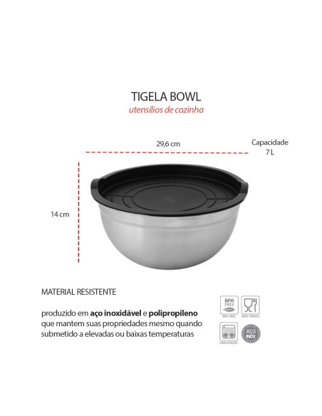 Tigela Bowl Inox Grande com Tampa 7L Cozinha Profissional