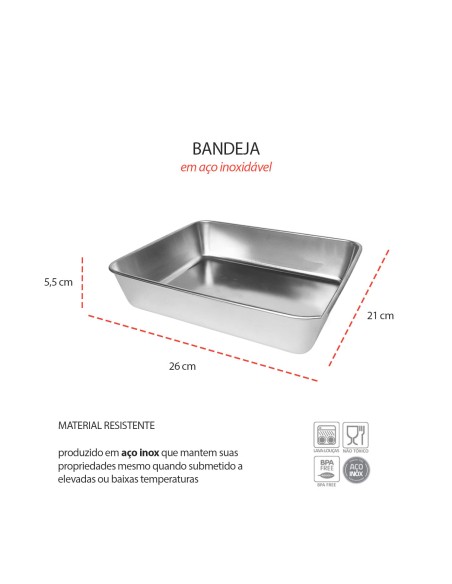 Bandeja Assadeira Forma Retangular Inox Funda Multiuso 26cm