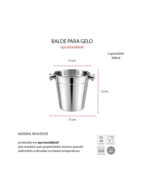 Balde de Gelo Pequeno Alças Aço Inox Restaurante Bar 900ml