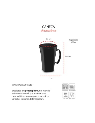 Caneca Preta Cappuccino 400ml Plastico BPA Free