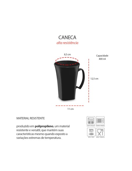 Caneca Preta Cappuccino 400ml Plastico BPA Free