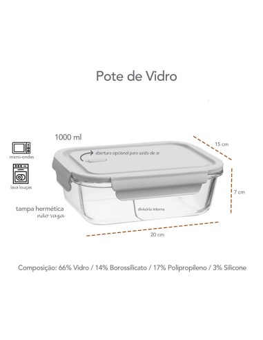Pote de Vidro Borosilicato Divisoria Tampa...
