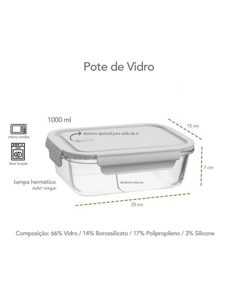 Pote de Vidro Borosilicato Divisoria Tampa Hermetica Nude 1L