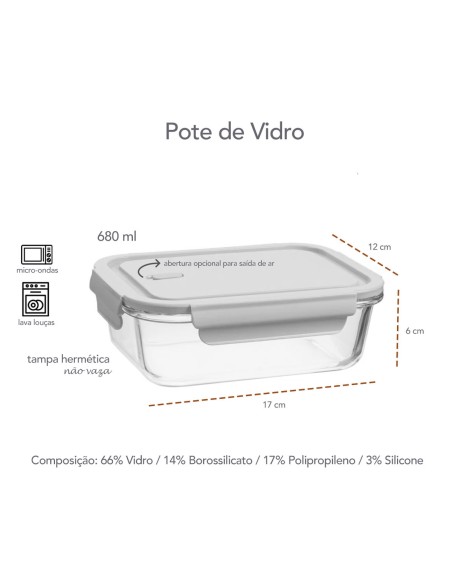 Pote de Vidro Borosilicato com Tampa Hermetica Nude 680ml